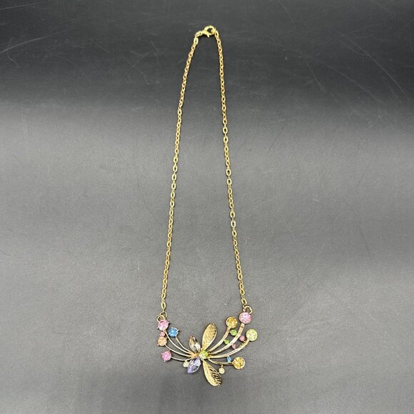 Colorful Rhinestone Butterfly Necklace Gold Tone Adjustable Chain Fruit Salad - Picture 3 of 9